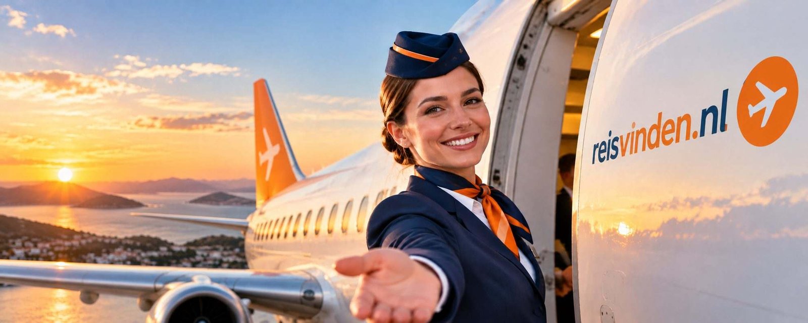 Reisvinden.nl-stewardess verwelkomt je bij het vliegtuig tijdens zonsondergang