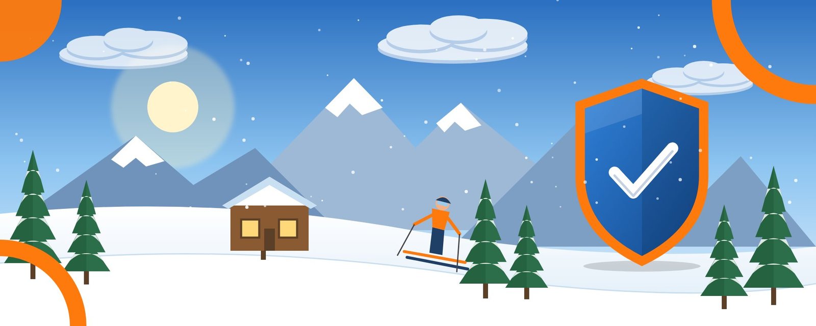 Wintersport met sneeuw, bergen en een verzekeringsschild
