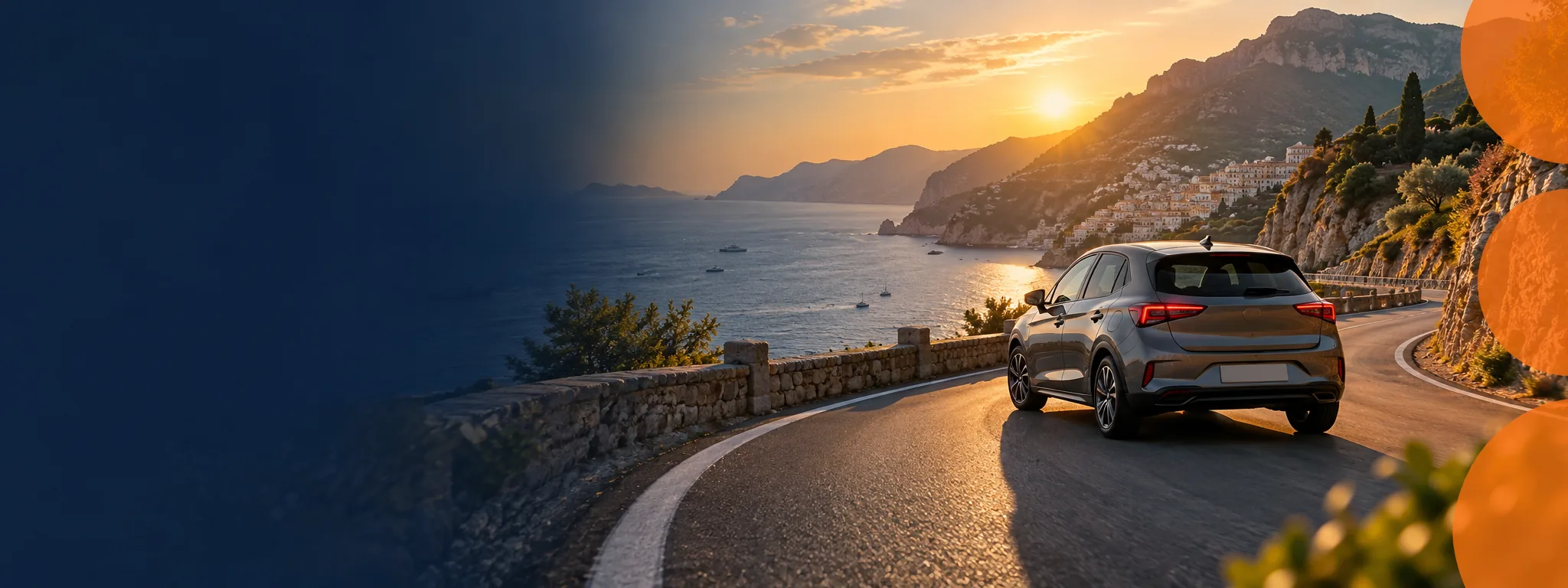 Illustratie van een rode auto op een landweg met bergen en ondergaande zon